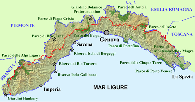 La Mappa della Liguria con riserve naturali e parchi naturali tra cui il Parco delle Alpi Liguri